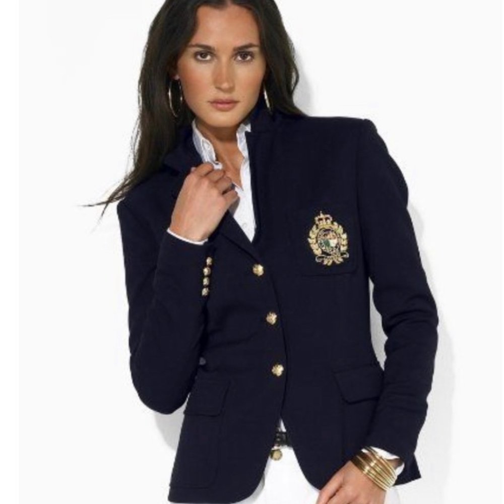 Like New LAUREN Beaded Embroidered Crest Bullion Black Wool Collegiate Blazer